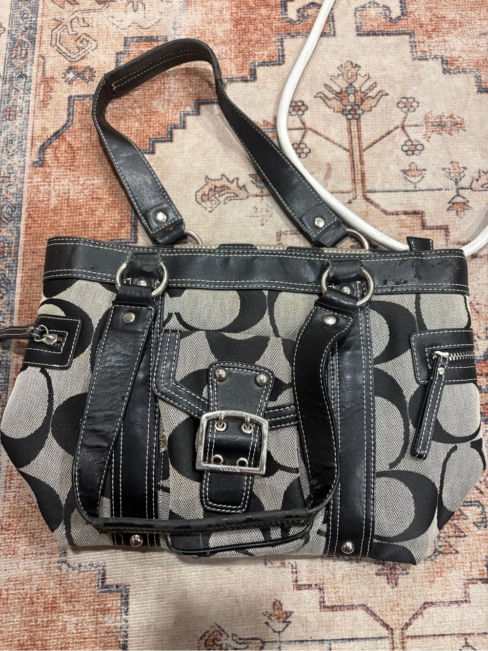 Coach Black and Gray Signature Canvas Shoulder Bag